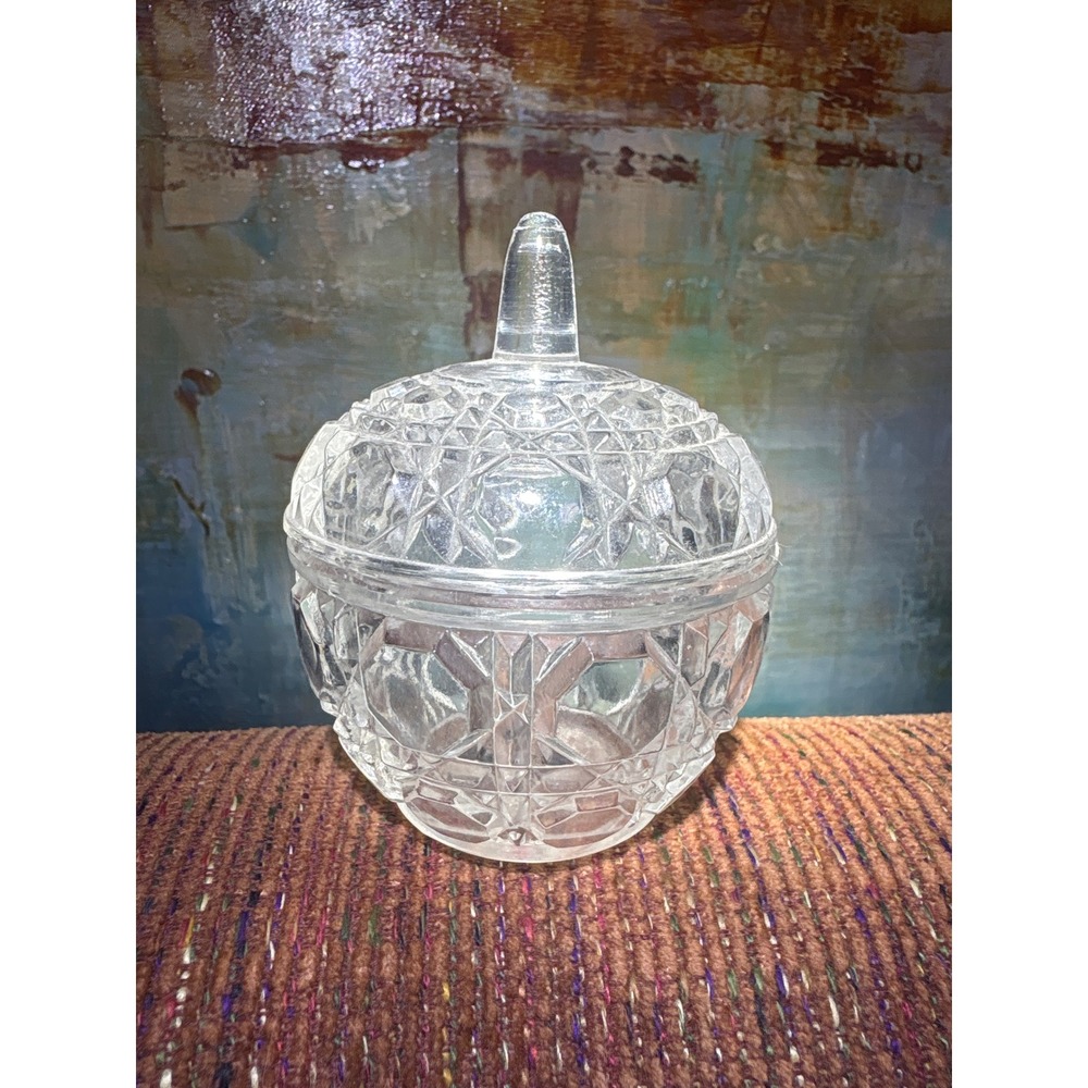 Vintage Clear Pressed Glass Lidded Trinket Dish Starburst Diamond Point 3.5in